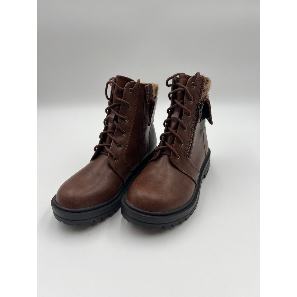 UNR8ED Mindi Brown Combat Boots Size 4M Faux Leather Knit Collar Lug Sole